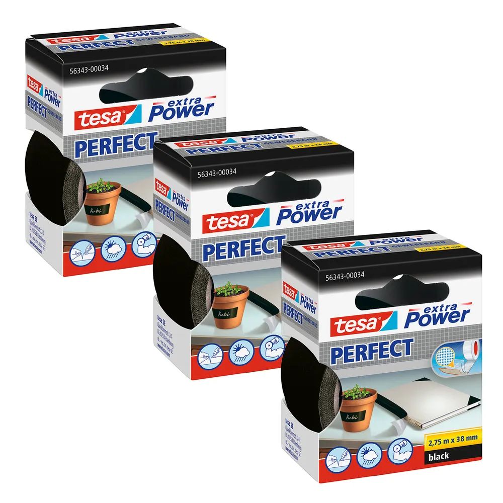 tesa® EXTRA POWER PERFECT Gewebeband schwarz, Dreierpack, Ductape