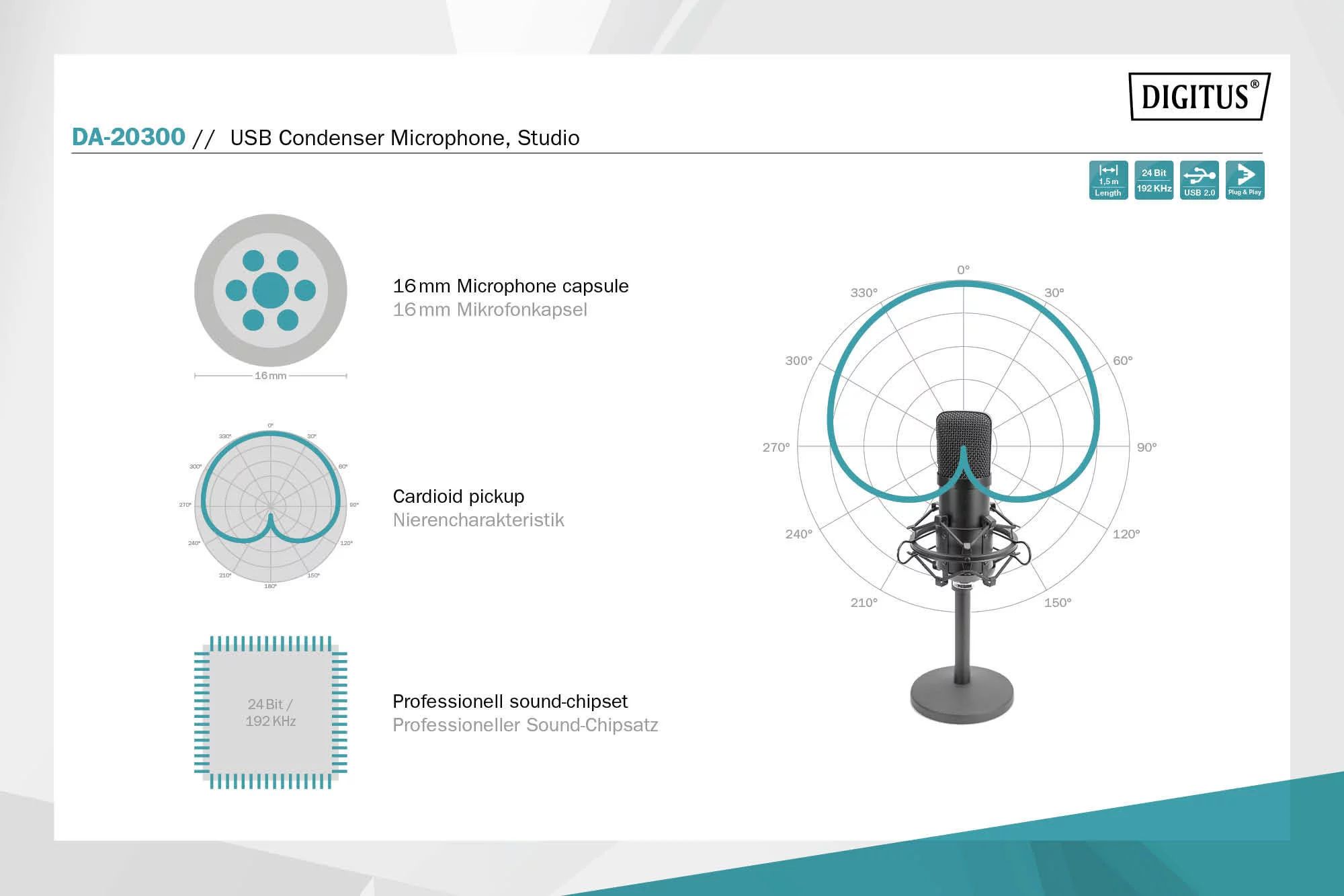 DIGITUS Kondensatormikrofon USB 1.5m 192kHz/24Bit