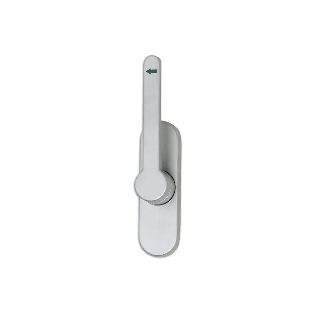 Strenger Türtreibriegel aufliegend Pfeil, rund, links, Hub 25 mm, silber eloxiert