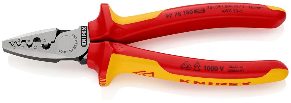 KNIPEX Crimpzange für Aderendhülsen isoliert mit Mehrkomponenten-Hüllen, VDE-geprüft 180 mm