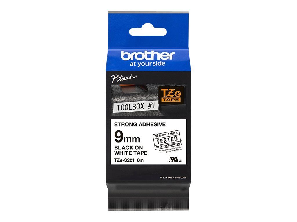 Brother TZe-S221 - Extra starker Klebstoff - Schwarz auf Weiß - Rolle (0,9 cm x 8 m)