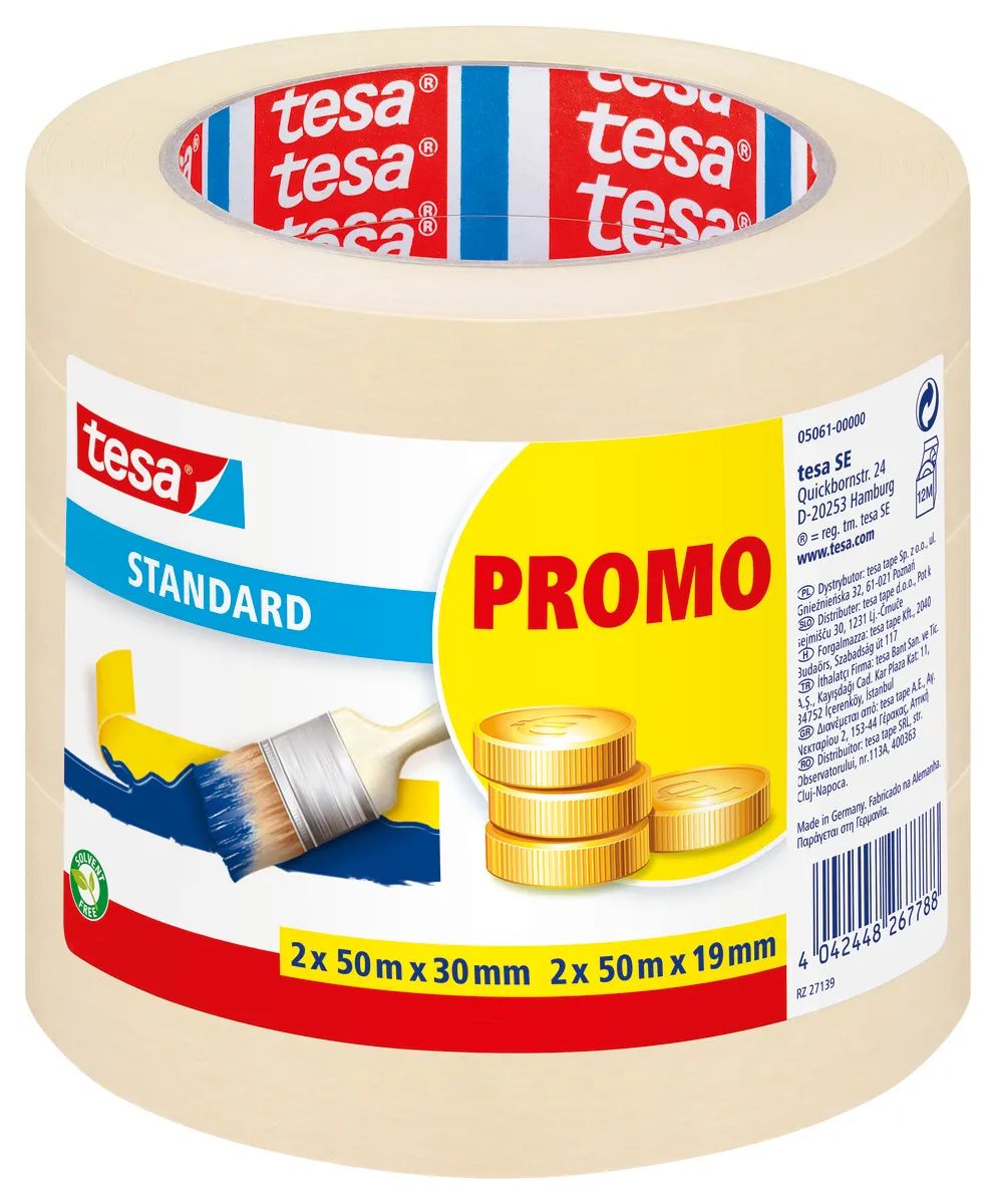tesa® Standard Malerkreppband – 4 Rollen (2×50 m x 30 mm & 2×50 m x 9 mm) – beige, rückstandsfrei en