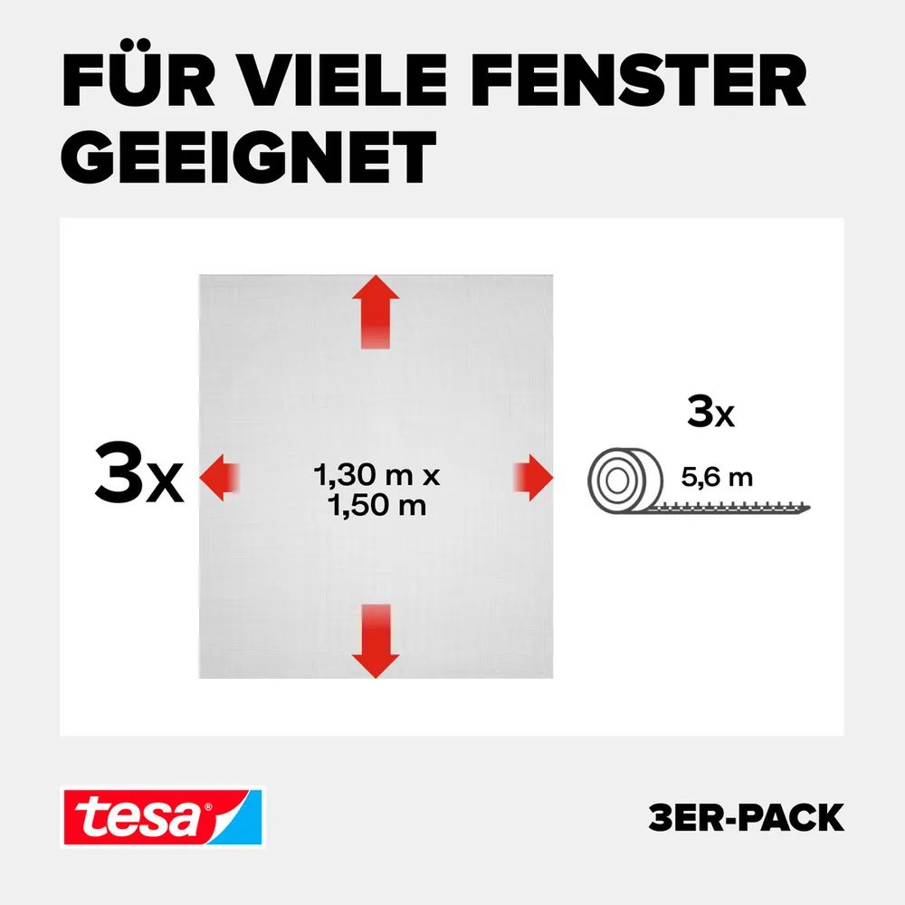 tesa® Insect Stop Standard 3er-Pack 1,30 × 1,50 m – weiß – Fliegengitter / Insektenschutz für Fenste