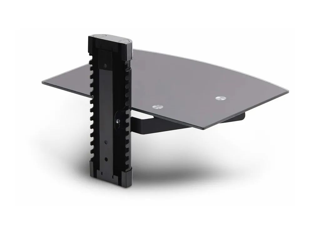 StarTech.com Floating Wall-Mounted AV Shelf, Adjustable Height Shelf For Under TV, Organize A/V Equipment On Black Tempered Glass Shelf