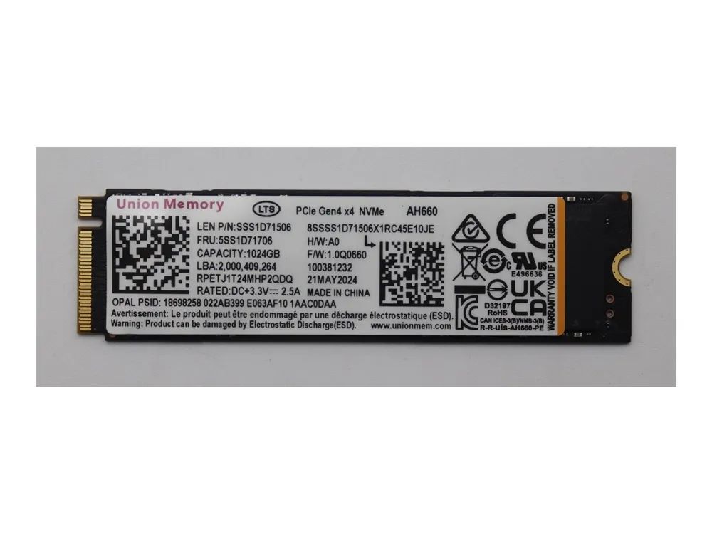Lenovo Union Memory - SSD - verschlüsselt - 1 TB - intern - M.2 2280 - PCIe 4.0 x4 (NVMe)