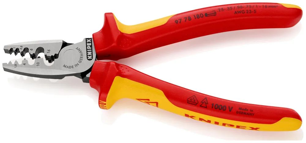 KNIPEX Crimpzange für Aderendhülsen isoliert mit Mehrkomponenten-Hüllen, VDE-geprüft 180 mm
