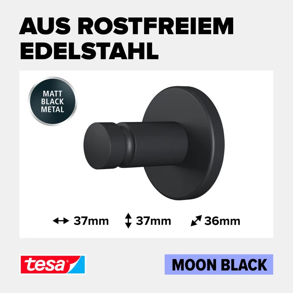 Tesa MOON BLACK - Drinnen - Handtuchhaken - Schwarz - Metall - Rund - 37 mm