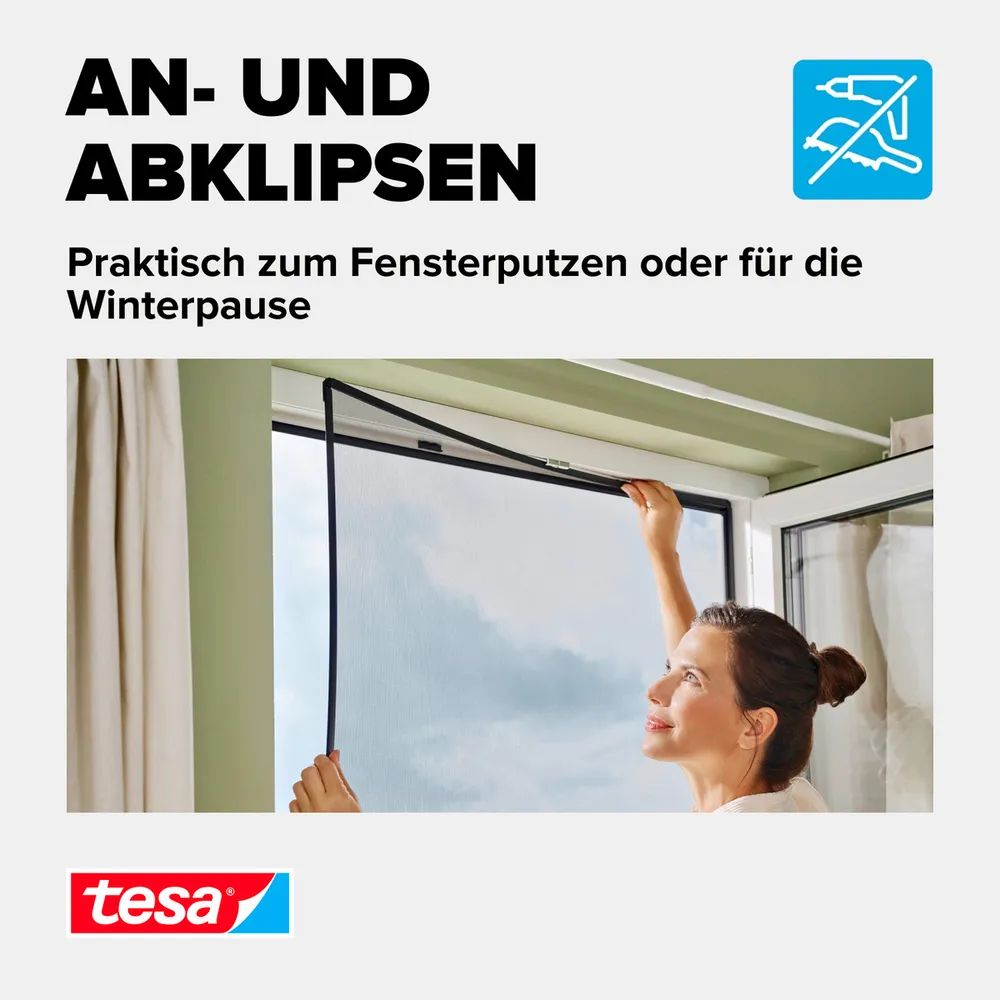 tesa® Clip-On Insektenschutz 1,30 × 1,50 m – weiß – anpassbar & ohne Bohren – für Fensterrahmen