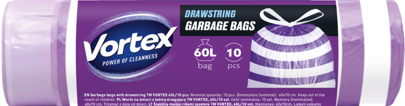 VORTEX Müllbeutel mit Zugband HDPE violett-weiß 60L/10Stk