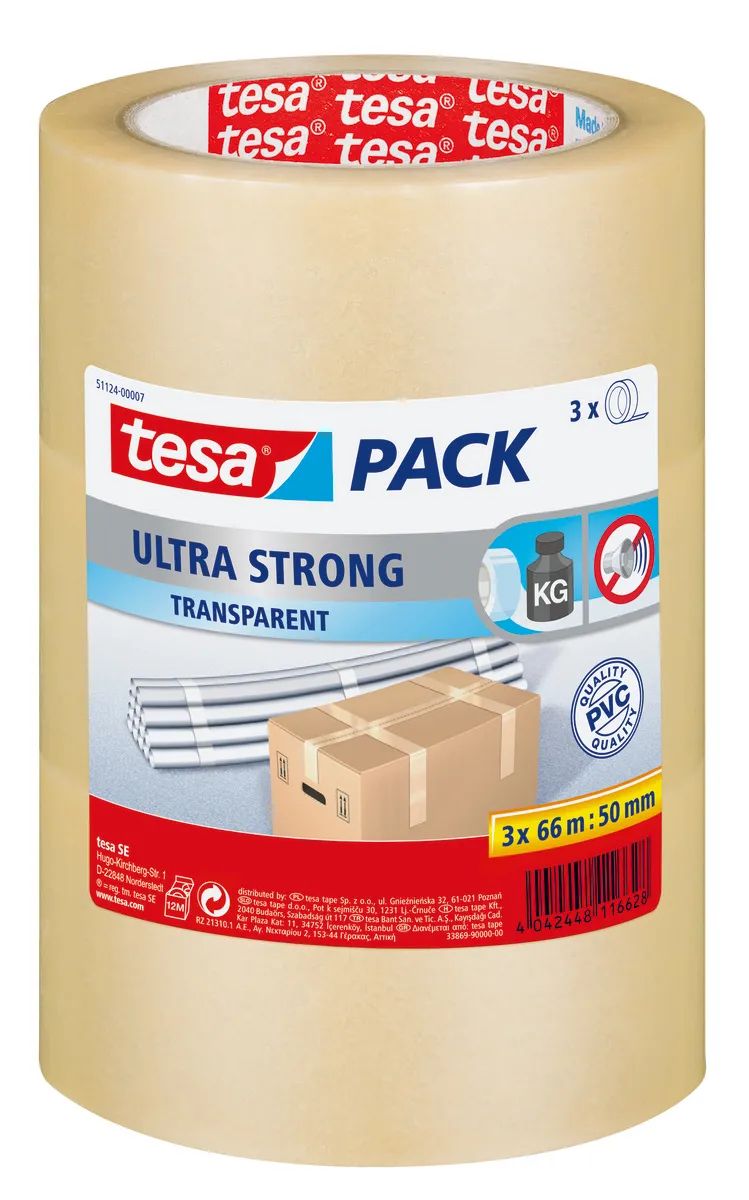 Tesa Tesapack Ultra Strong - Packband - 50 mm x 66 m - PVC - transparent (Packung mit 3)