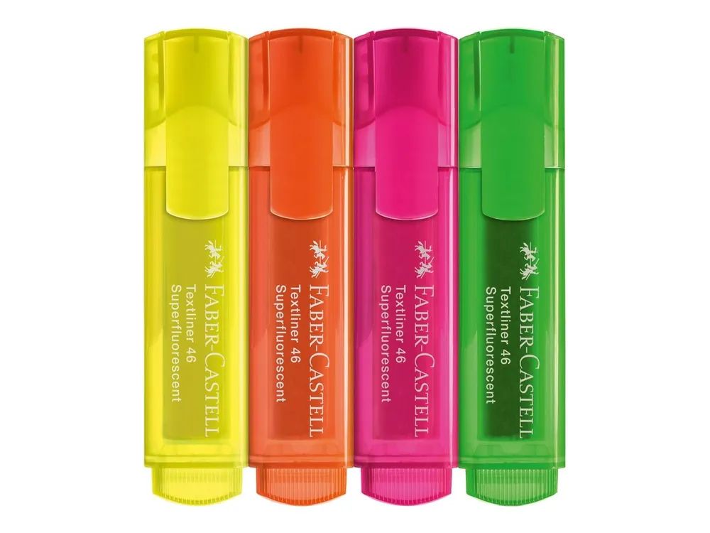 FABER-CASTELL Textliner 46 Superfluorescent - Textmarker - verschiedene helle Neonfarben - Transparent - wasserbasierte Tinte - 1-2-5 mm (Packung mit 4)