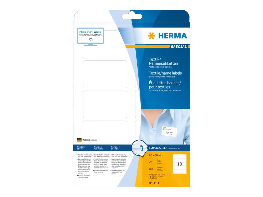 HERMA Special Name/textile - Acetatseide - selbstklebend, entfernbarer Klebstoff - weiß - 199.6 x 143.5 mm 40 Etikett(en) (20 Bogen x 2)
