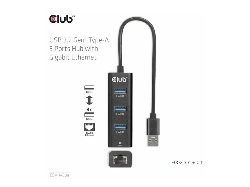 Club 3D CSV-1430A - Hub - 3 x USB 3.2 Gen1 + 1 x 10/100/1000