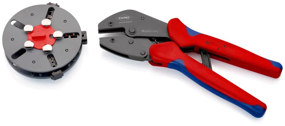 KNIPEX MultiCrimp® Crimpzange mit Wechselmagazin mit Mehrkomponenten-Hüllen brüniert 250 mm