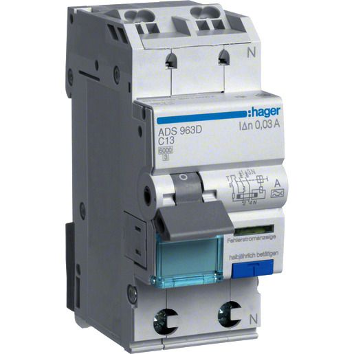 Hager FI-LS 1P+N 6KA C-13A 30MA A QC / HAGER ADS963D