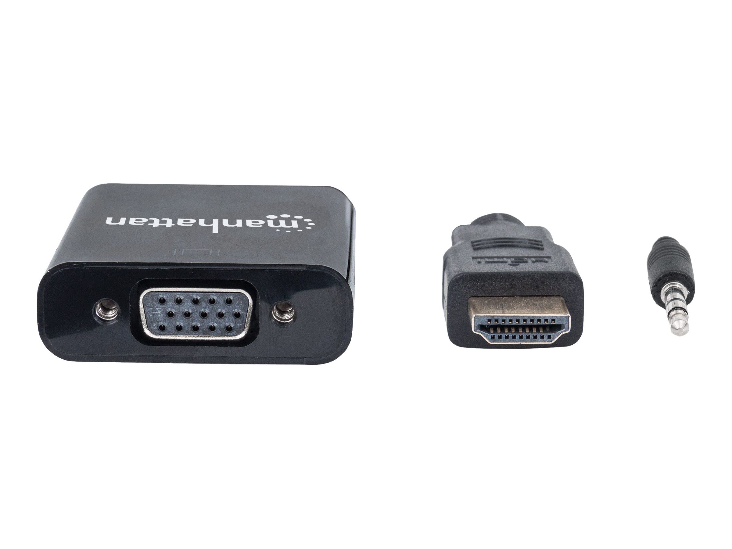Manhattan HDMI auf VGA-Konverter, HDMI-Stecker auf VGA-Buchse, mit Audio, optionaler USB Micro-B-Stromport, schwarz - Video- / Audio-Adapter - HDMI männlich zu HD-15 (VGA)