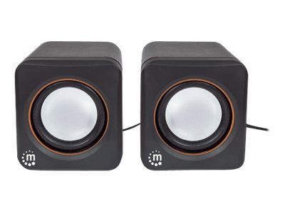 Manhattan 2600 Series Speaker System, Small Size, Big Sound, Two Speakers, Stereo, USB power, Output: 2x 3W, 3.5mm plug for sound, In-Line volume control, Cable 0.9m, Black, Three Year Warranty, Box