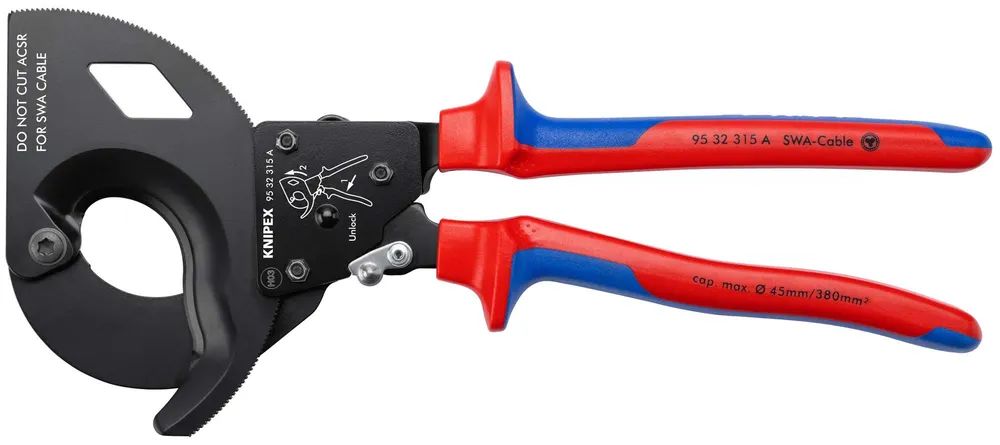 KNIPEX Kabelschneider (Ratschenprinzip) für stahlarmierte Kabel (SWA-Kabel) mit Mehrkomponenten-Hüllen schwarz lackiert 315 mm