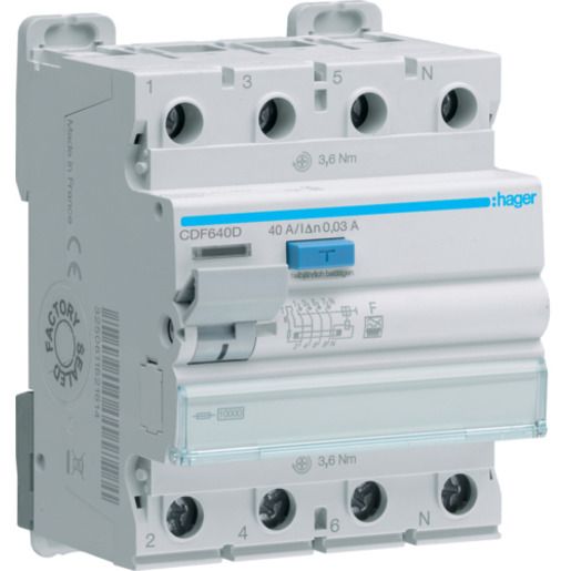 Hager FI-SCH. 4P 10KA 40A 30MA TYP F / HAGER CDF640D