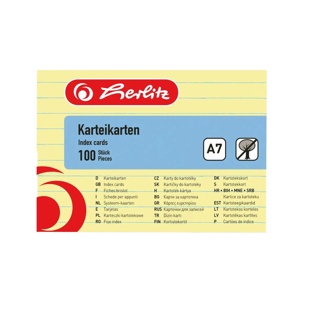 Herlitz Karteikarten A7, liniert, Gelb, 100 Stück