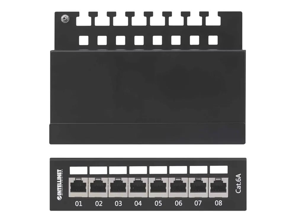 IC Intracom Intellinet Patch Panel, Cat6a, FTP, 8-Port, Desktop, Shielded, 90° Top-Entry Punch Down Blocks, Black