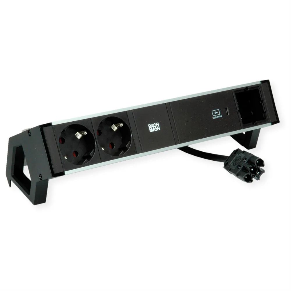BACHMANN DESK2 ALU BLACK 2xSchutzkt.USBC, USB Charger 60W 1xABD 0,2m GST18