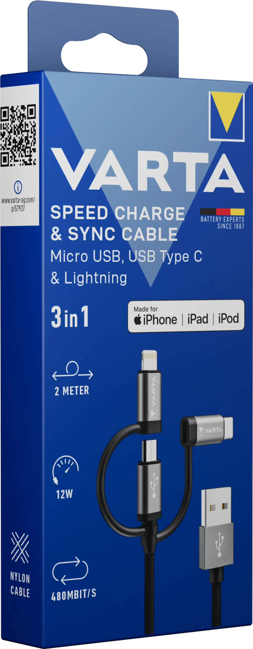 VARTA 3in1 Cable USB A-Light/Micro/TypeC