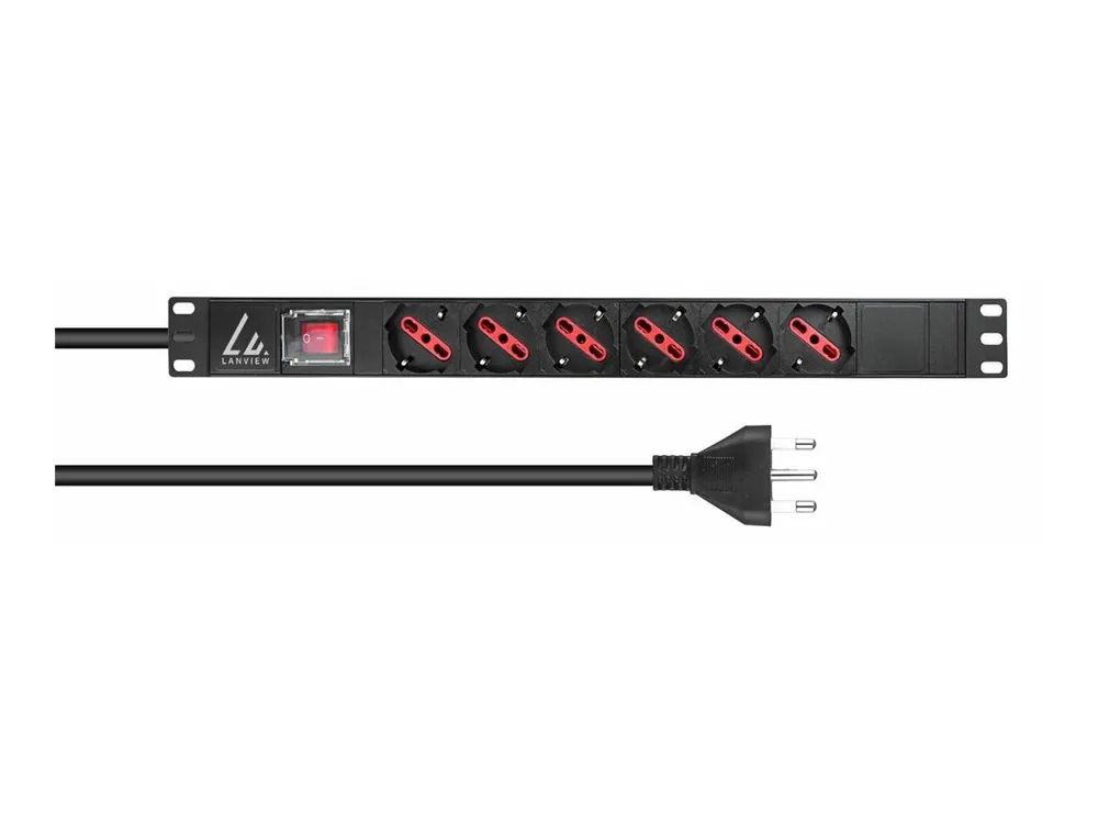 Lanview Steckdosenleiste (Rack - einbaufähig) - 13A - Wechselstrom 250 V - 2500 Watt - 1-phasig - Eingabe, Eingang Typ J - Ausgangsanschlüsse: 6 (Typ F)