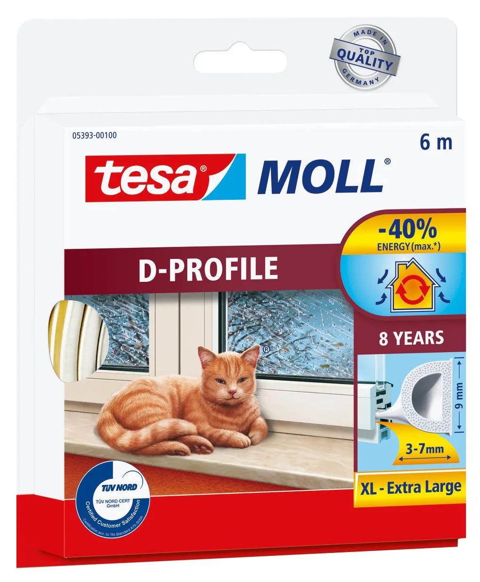 tesamoll® Insulation D-Profil – Tür- & Fensterdichtung, weiß, 6m, Wärme- & Schalldämmung