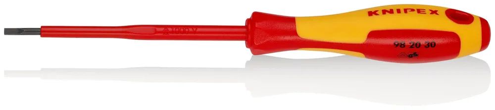 KNIPEX Schraubendreher für Schlitzschrauben isolierender Mehrkomponenten-Griff, VDE-geprüft brüniert 202 mm