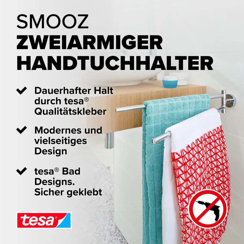 tesa® SMOOZ Doppelter Handtuchhalter, Edelstahloptik 
