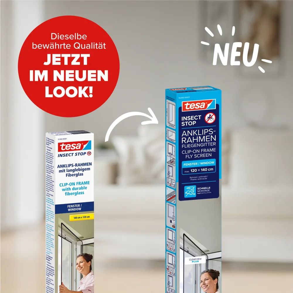 tesa® Clip-On Insektenschutz 1,30 × 1,50 m – zuschneidbar & anklipsbar – für Fensterrahmen