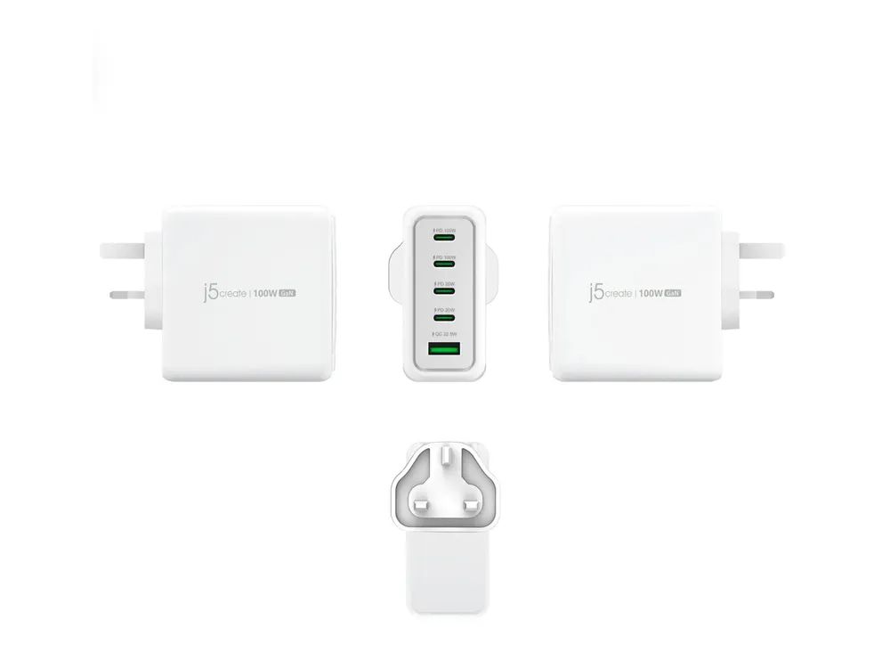 j5create JUP53100 - Netzteil - GaN - 100 Watt - 5 A - QC 3.0, Power Delivery 3.0 + PPS - 5 Ausgabeanschlussstellen (4 x USB-C, USB)