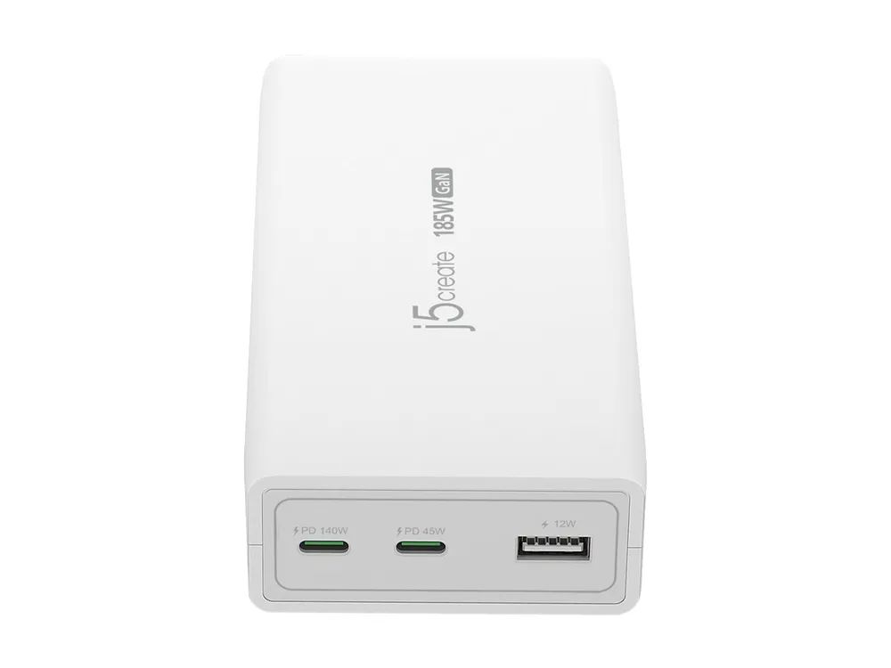 j5create JUP37185W-EN - Netzteil - GaN - 185 Watt - 5 A - Power Delivery 3.1 - 3 Ausgabeanschlussstellen (USB Typ A, 2 x USB-C)