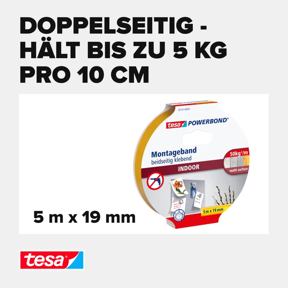 Tesa Powerbond INDOOR - Montageband - Weiß - 5 m - Indoor - Kunststoff - Holz - 2 kg/cm