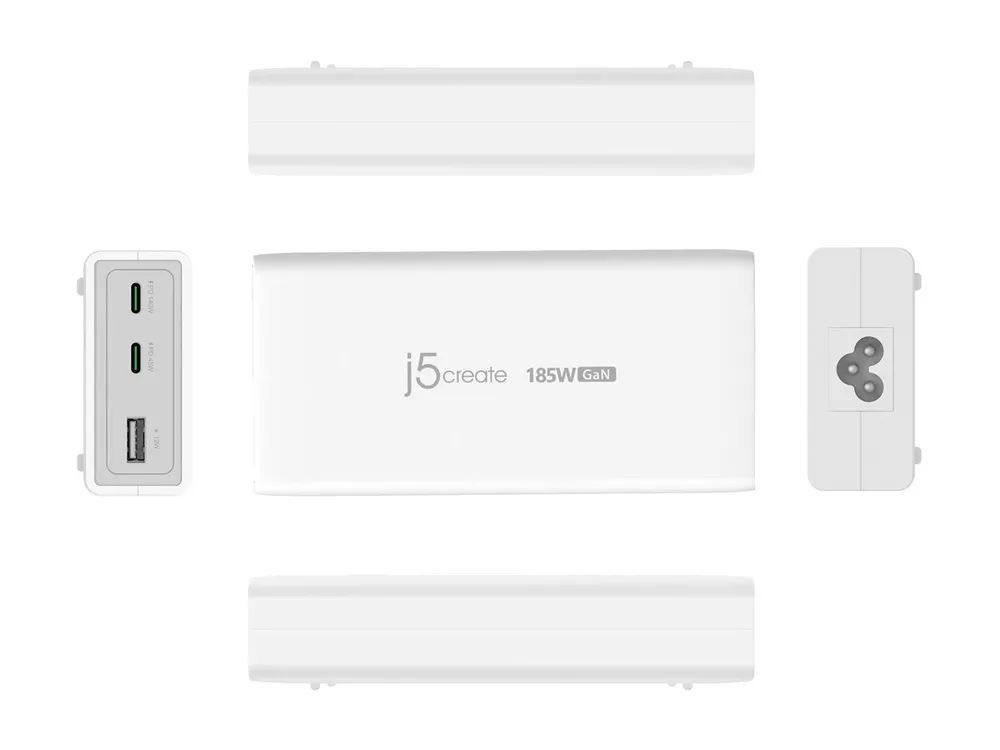j5create JUP37185W-EN - Netzteil - GaN - 185 Watt - 5 A - Power Delivery 3.1 - 3 Ausgabeanschlussstellen (USB Typ A, 2 x USB-C)