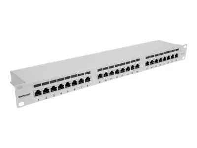 Intellinet 24-Port Cat6a Patchpanel, geschirmt, 24 Ports, FTP, 1 HE, Klemmleisten mit 90 Grad abgewinkelten Kabeleinführungen, grau - Patch Panel - CAT 6a - FTP - RJ-45 X 24 - Grau - 1U - 48.3 cm (19")