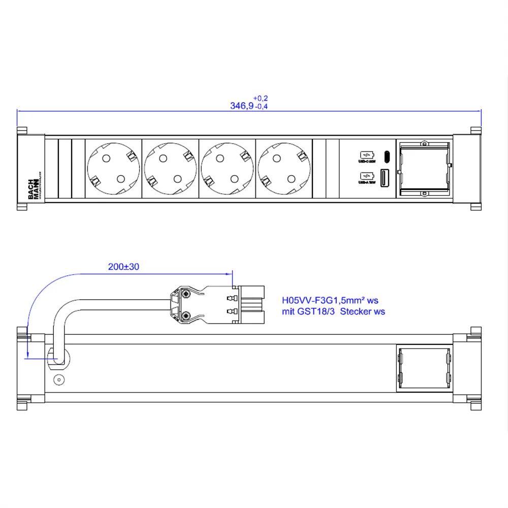 BACHMANN POWER FRAME 4xCEE7/3 1xCM 1xUSB A/C 22W 0,2m RAL9010