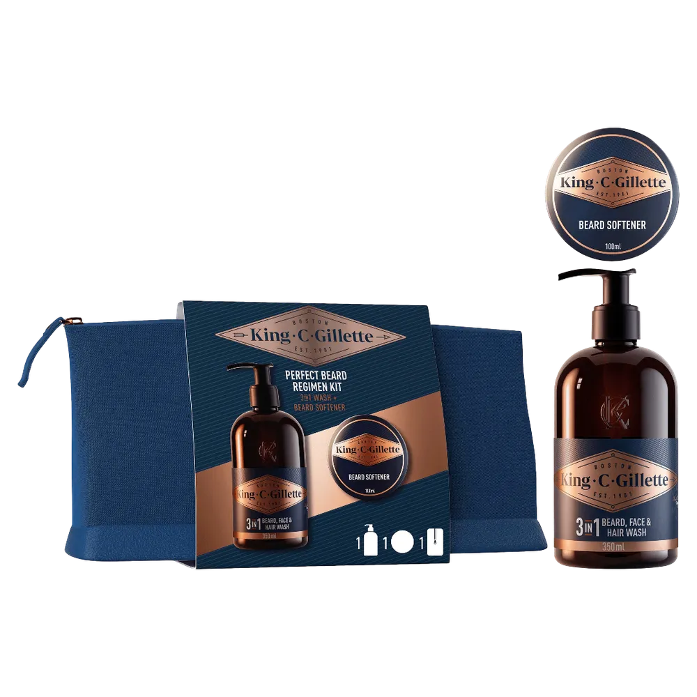 King C. Gillette Geschenkset Bartshampoo + Bartbalsam + Kosmetikbeutel