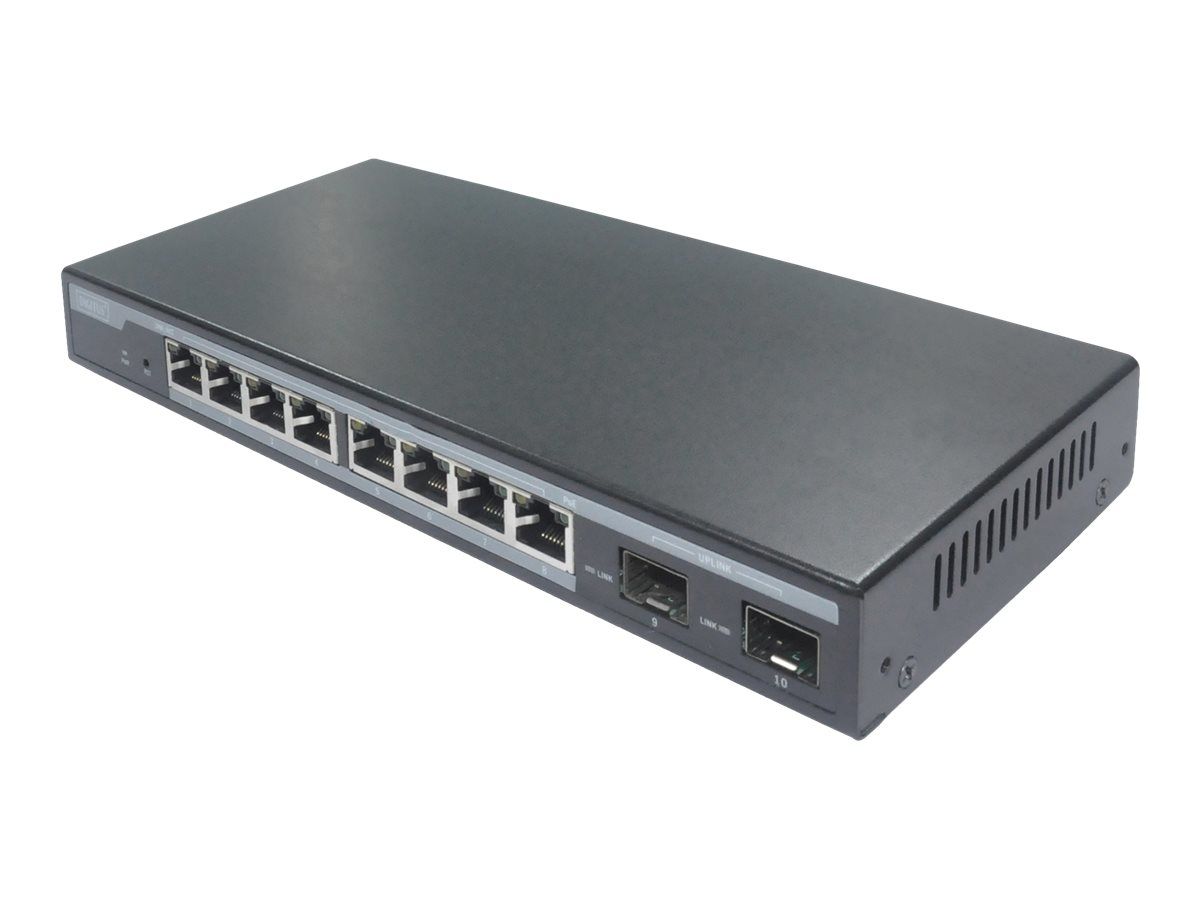 DIGITUS 8-Port Gigabit PoE Netzwerkswitch, Desktop, L2 managed, 2 Uplinkports, SFP, 86 W, af/at