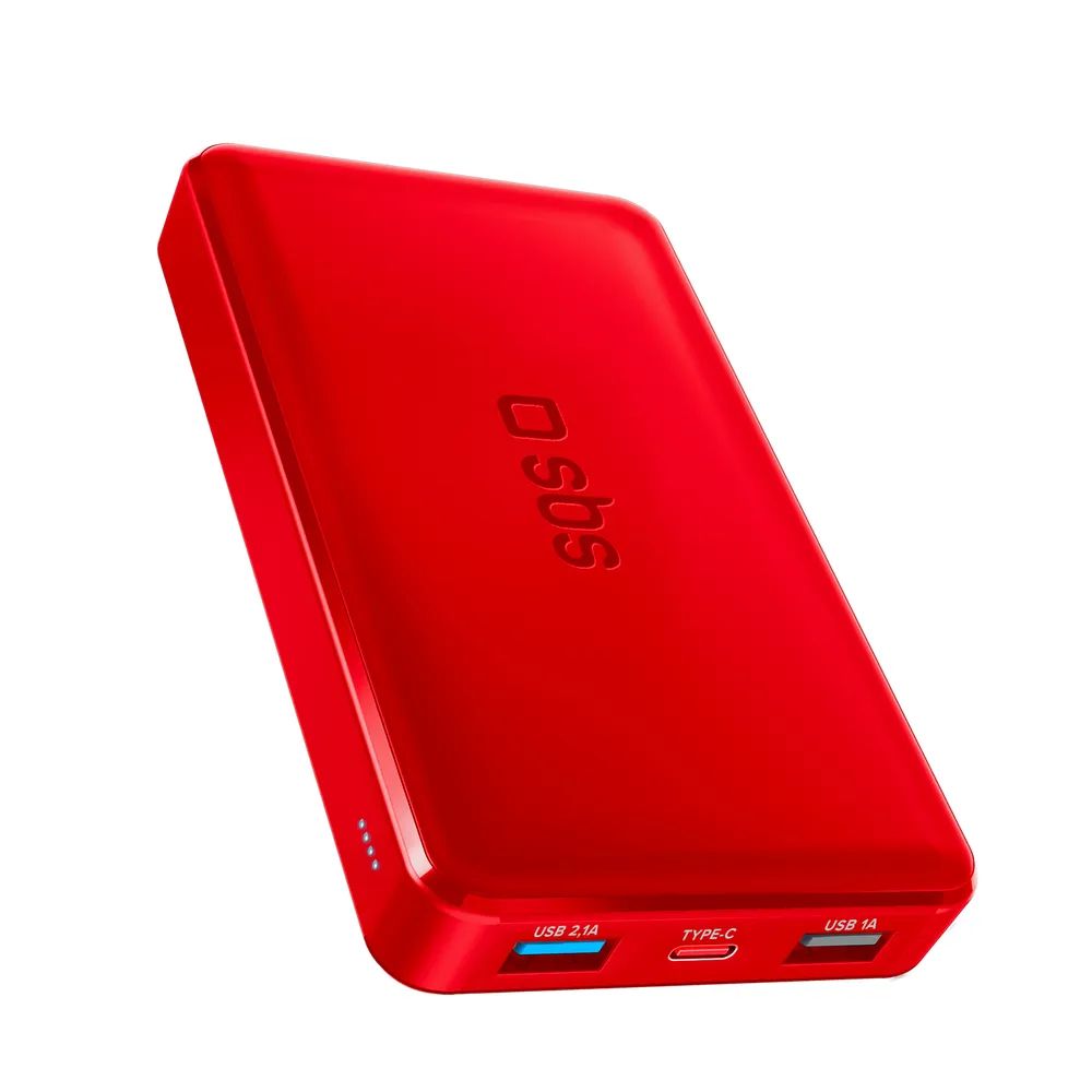 SBS Powerbank 10W, 10.000 mAh, 2x USB-A, 1x USB-C und 1x Micro-USB rot