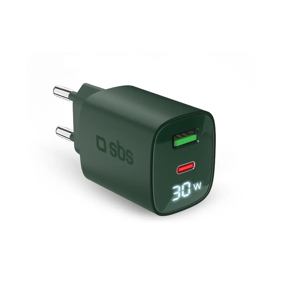 SBS GaN Netzlader, 1x USB-C PD & 1x USB-A, 30W, mit LCD Anzeige