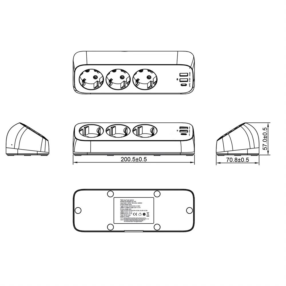VALUE Tisch-Steckdosenleiste, 3fach mit Schalter, inkl. 3x USB (2x A, 1x C), mit Tischklemme, 1,5 m