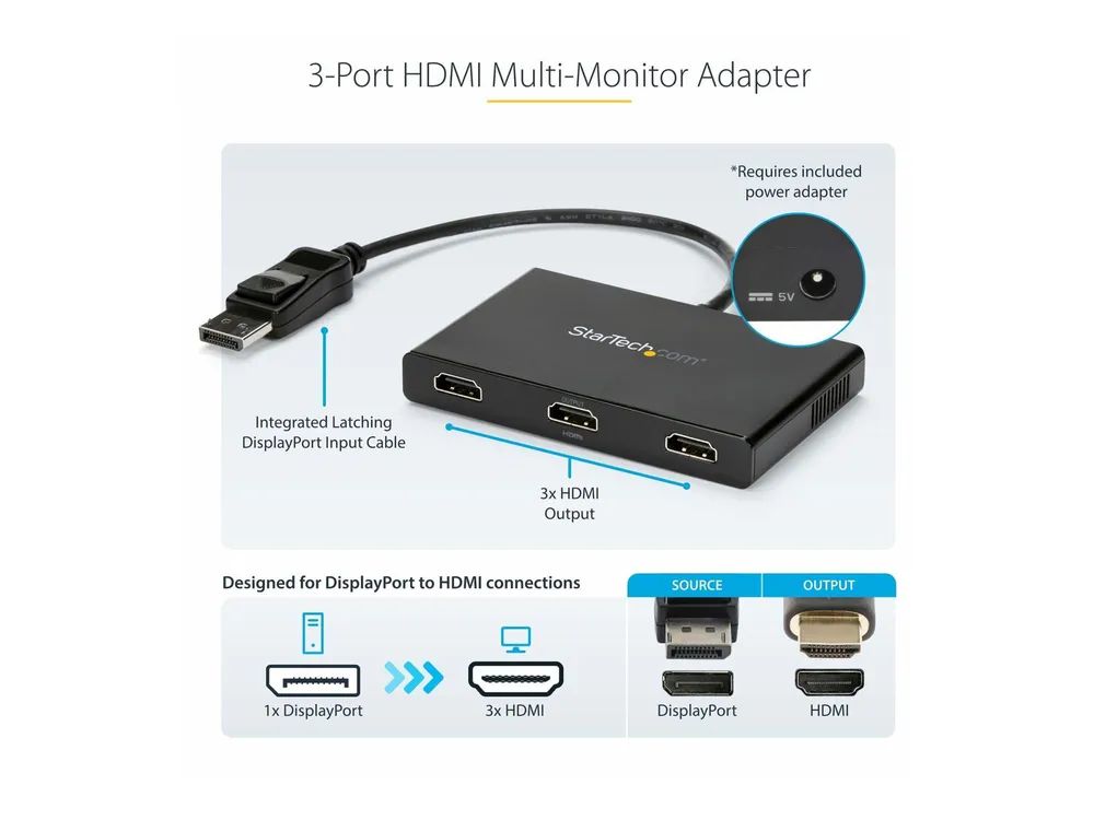 StarTech.com 3-Port Multi Monitor Adapter - DisplayPort 1.2 auf 3x HDMI MST Hub - Triple 1080p HDMI Monitore - Video Splitter für den erweiterten Desktop-Modus nur auf Windows-PCs - DP auf 3x HDMI (MSTDP123HD)