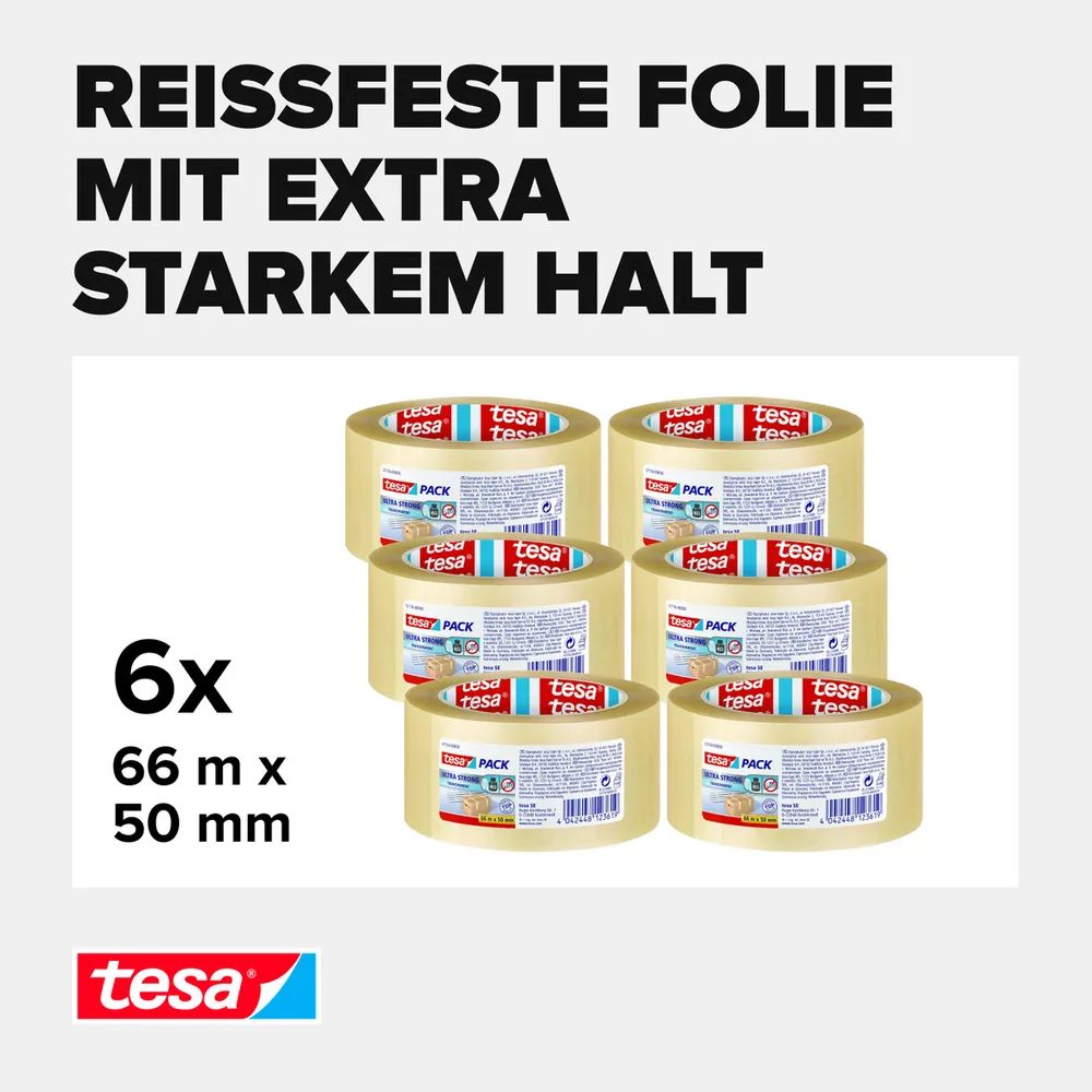 tesa® tesapack Ultra Strong Transparent – 6er-Pack – strapazierfähiges Paketband aus PVC