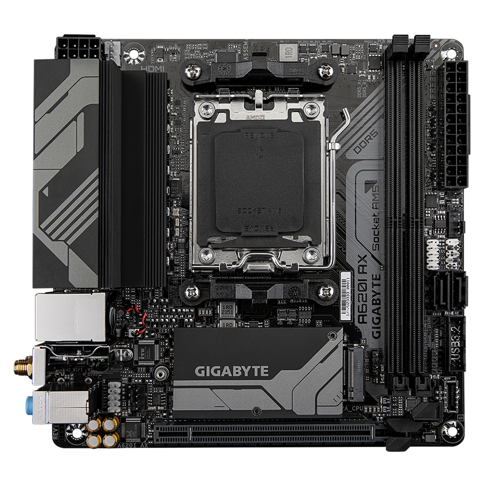 Gigabyte A620I AX - 1.0 - Motherboard - Mini-ITX - Socket AM5 - AMD A620 Chipsatz - USB 3.2 Gen 1, USB-C 3.2 Gen 1, USB 3.2 Gen 2 - 2.5 Gigabit LAN, Wi-Fi 6E, Bluetooth - Onboard-Grafik (CPU erforderlich)