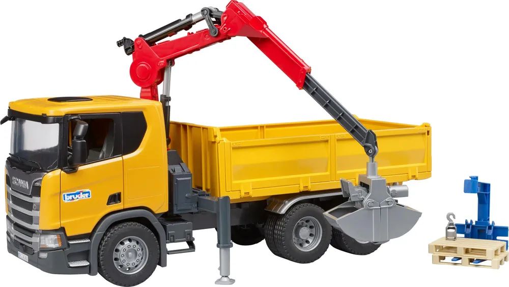 Bruder Scania Super 560R Baustellen-LKW mit Kran und 2 Paletten