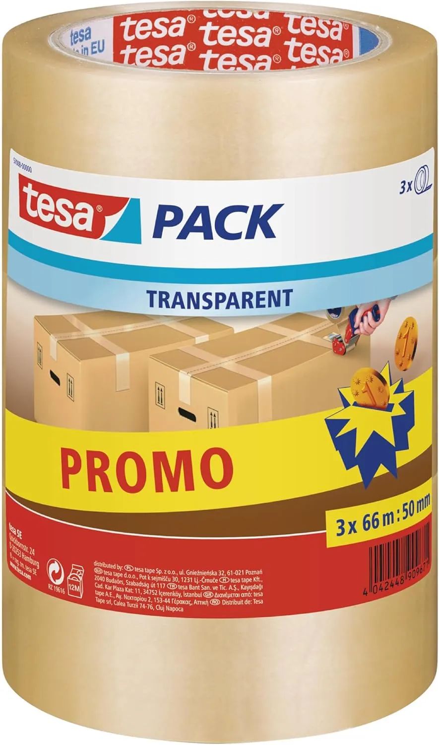 tesa® Tesapack Standard – transparent – 3 x 66 m x 50 mm – geräuscharm & lösemittelfrei