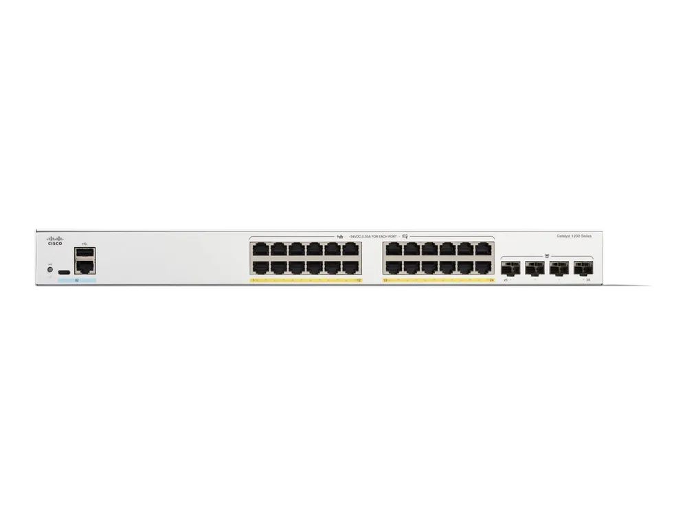 Cisco Catalyst 1200-24P-4G - Switch - L3 - Smart - 24 x 10/100/1000Base-T + 4 x 10 Gigabit SFP+ - an Rack montierbar - PoE+ (195 W)