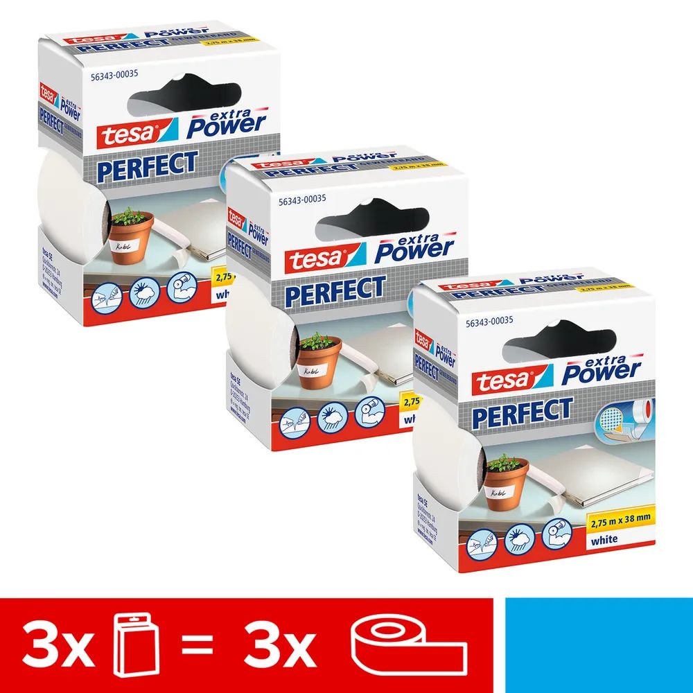 tesa® EXTRA POWER PERFECT Gewebeband weiß, Dreierpack, Ductape